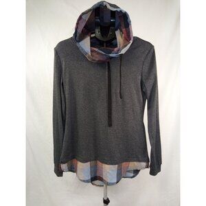 DJT Women's Long Sleeve Hooded Grey/Blue Plaid Lined Top Size Medium